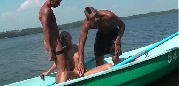  Blonde fucked hard in a boat on the lake three guys